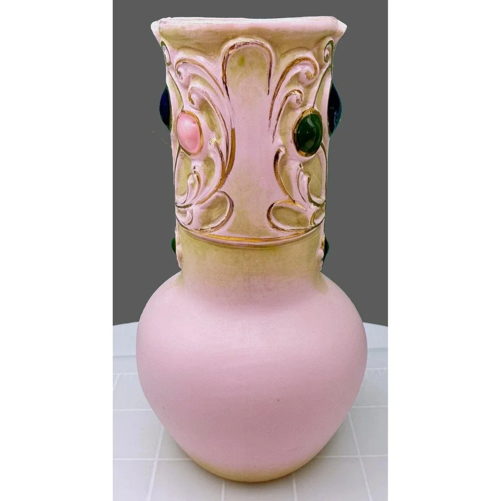 Antique Schafer-Vater Pink Jasperware Vanity Set Oblong Bowl & Crown Star Vase